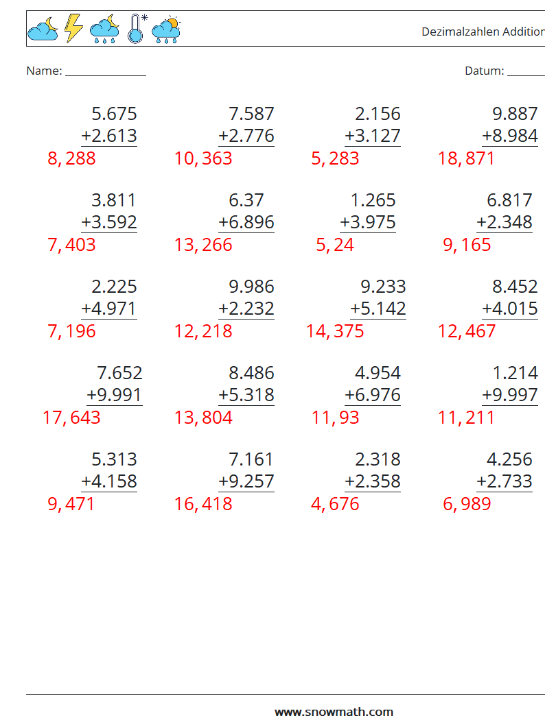 (25) Dezimalzahlen Addition (3-stellig) Mathe-Arbeitsblätter 10 Frage, Antwort