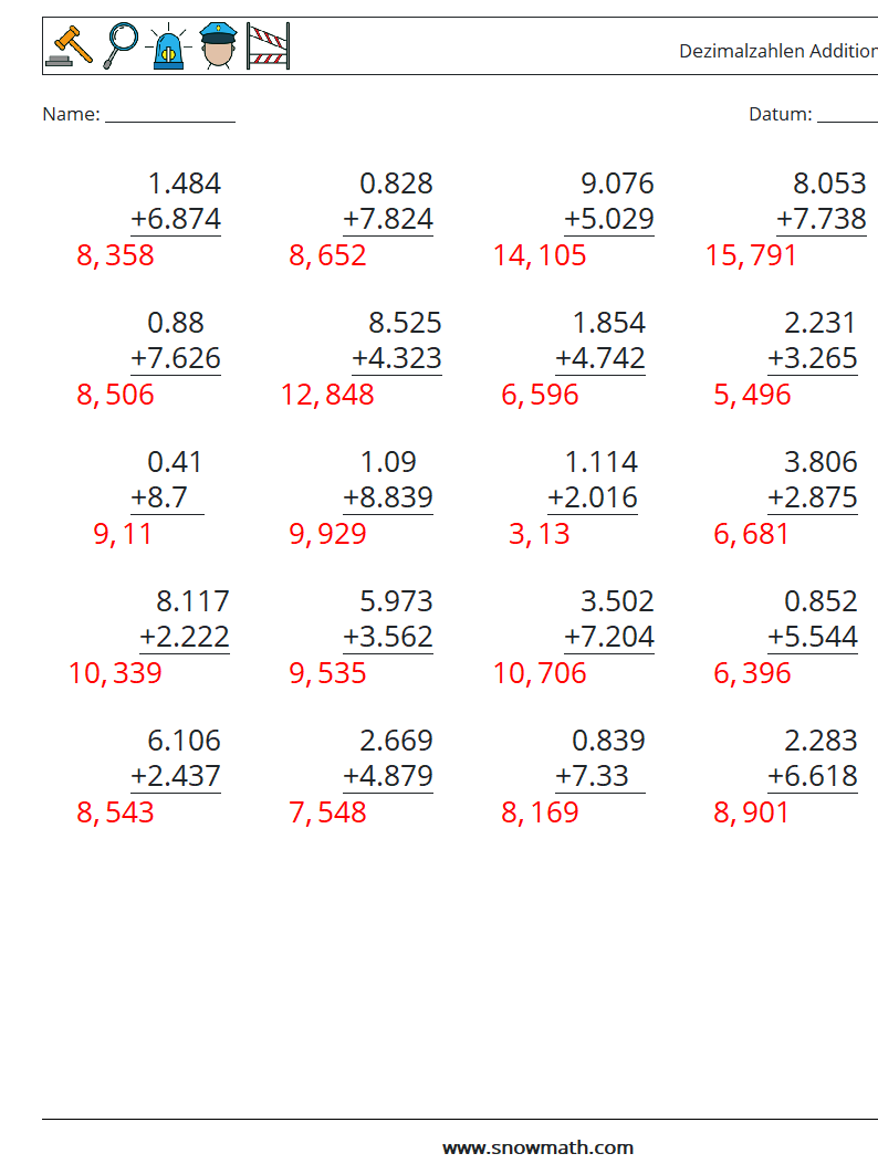 (25) Dezimalzahlen Addition (3-stellig) Mathe-Arbeitsblätter 14 Frage, Antwort