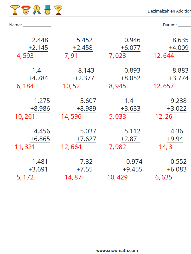 (25) Dezimalzahlen Addition (3-stellig) Mathe-Arbeitsblätter 17 Frage, Antwort