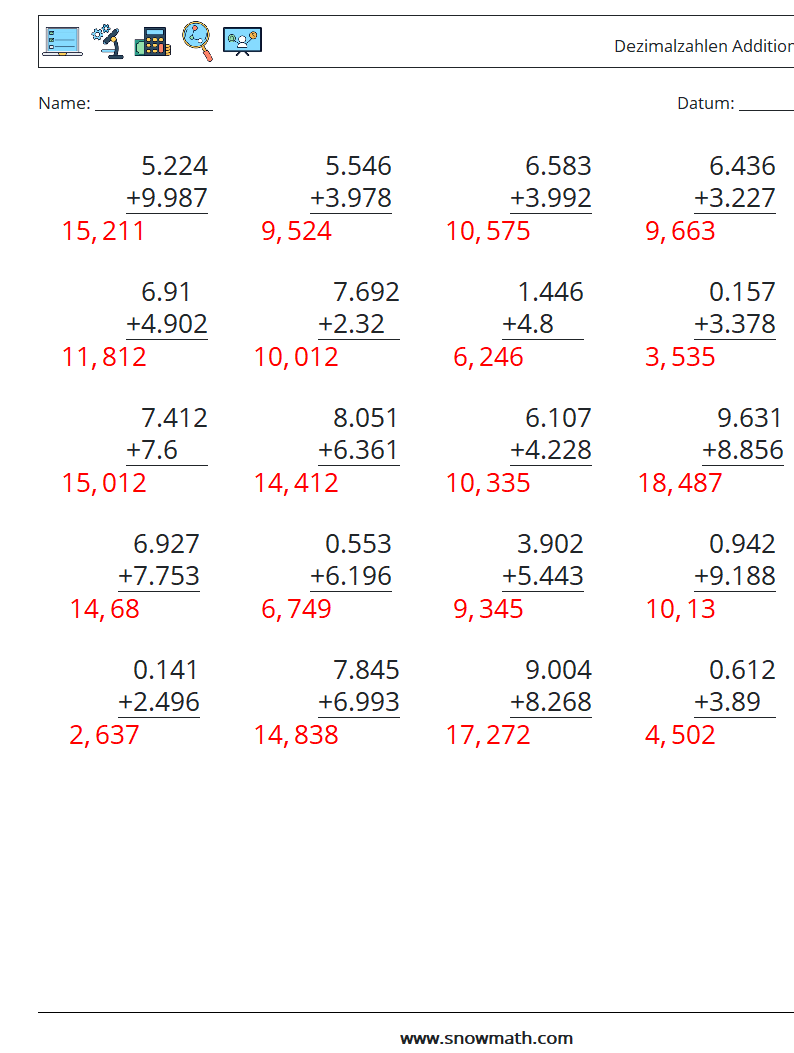 (25) Dezimalzahlen Addition (3-stellig) Mathe-Arbeitsblätter 18 Frage, Antwort