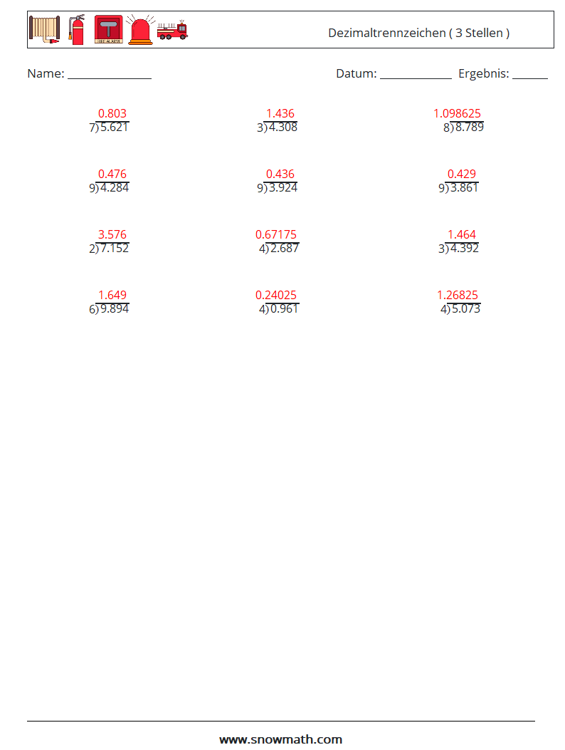 (12) Dezimaltrennzeichen ( 3 Stellen ) Mathe-Arbeitsblätter 10 Frage, Antwort