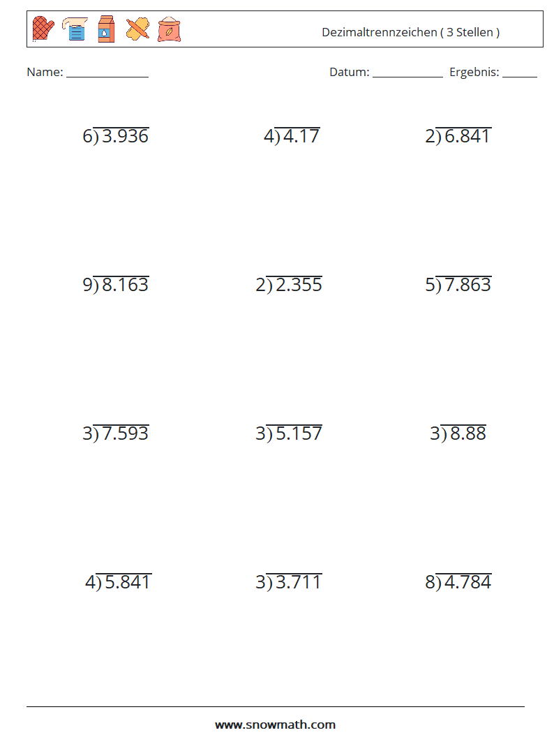 (12) Dezimaltrennzeichen ( 3 Stellen ) Mathe-Arbeitsblätter 11