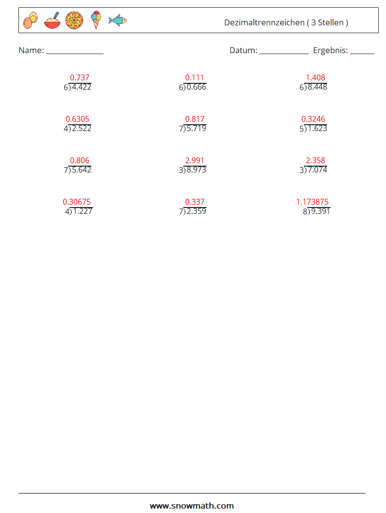 (12) Dezimaltrennzeichen ( 3 Stellen ) Mathe-Arbeitsblätter 12 Frage, Antwort