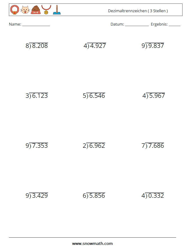 (12) Dezimaltrennzeichen ( 3 Stellen ) Mathe-Arbeitsblätter 6