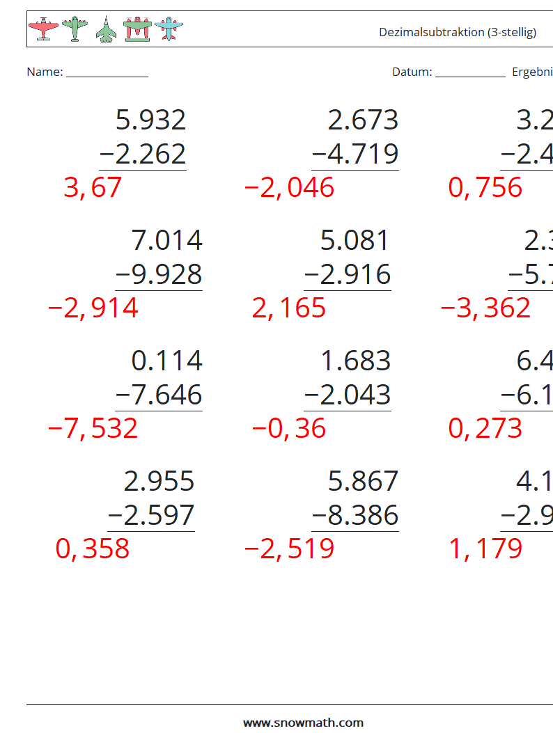 (12) Dezimalsubtraktion (3-stellig) Mathe-Arbeitsblätter 12 Frage, Antwort