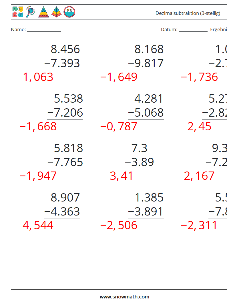 (12) Dezimalsubtraktion (3-stellig) Mathe-Arbeitsblätter 13 Frage, Antwort