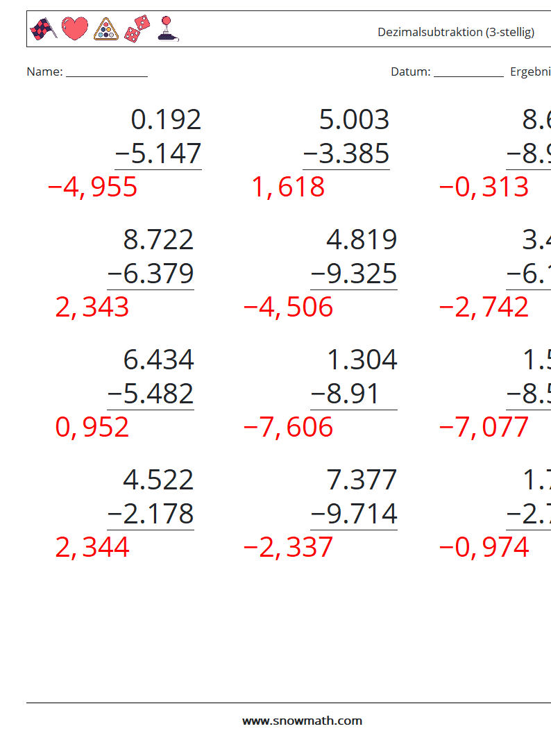 (12) Dezimalsubtraktion (3-stellig) Mathe-Arbeitsblätter 14 Frage, Antwort