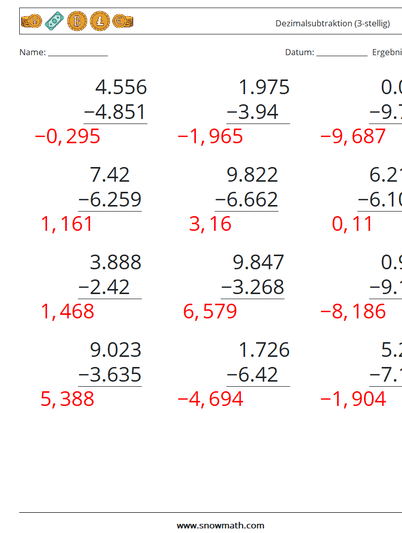 (12) Dezimalsubtraktion (3-stellig) Mathe-Arbeitsblätter 17 Frage, Antwort