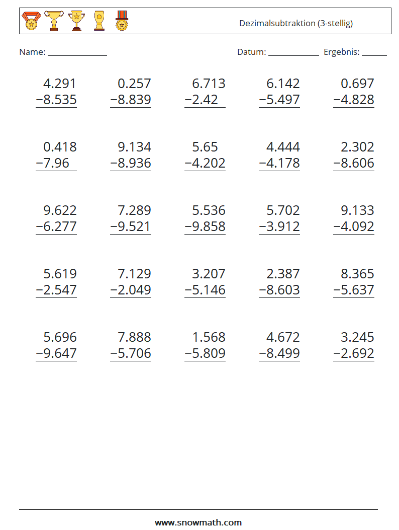 (25) Dezimalsubtraktion (3-stellig) Mathe-Arbeitsblätter 10