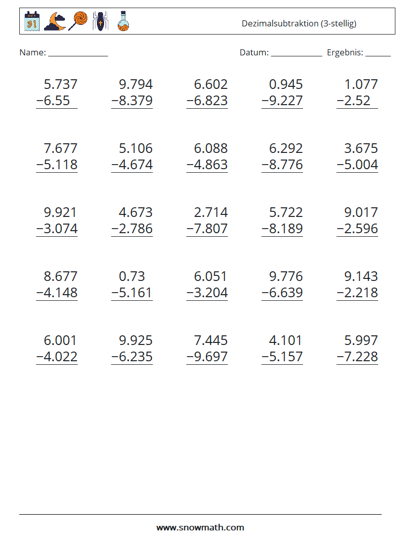 (25) Dezimalsubtraktion (3-stellig) Mathe-Arbeitsblätter 11