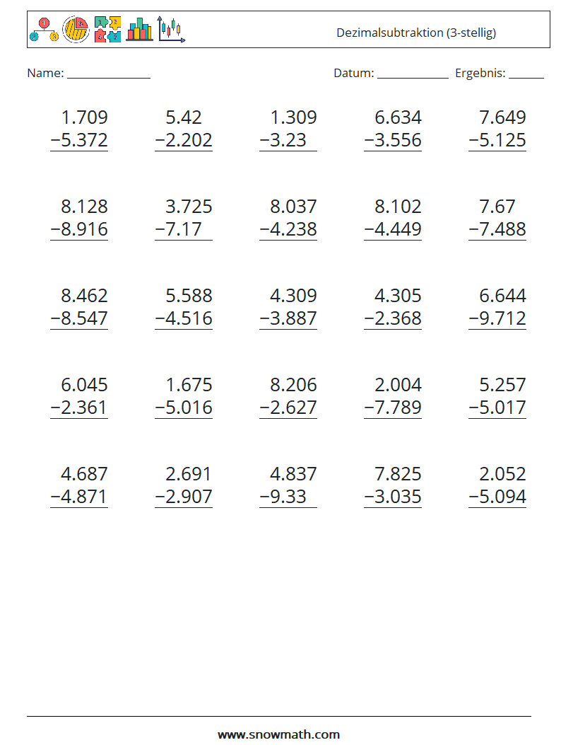 (25) Dezimalsubtraktion (3-stellig) Mathe-Arbeitsblätter 12