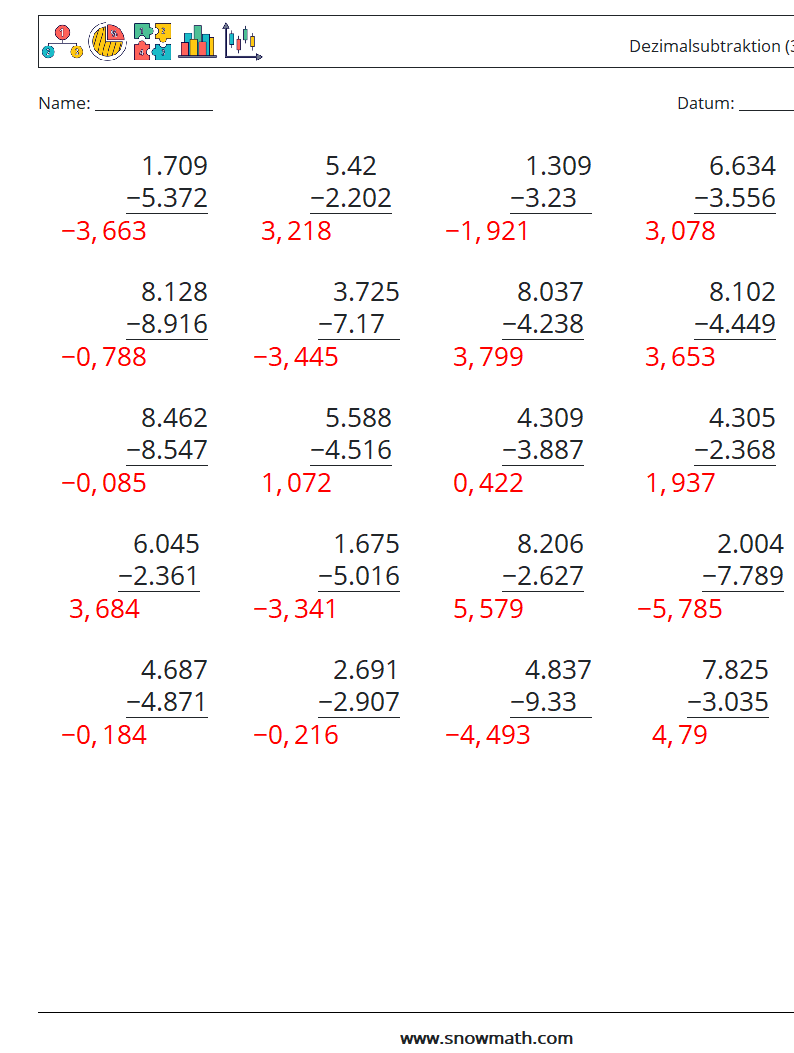 (25) Dezimalsubtraktion (3-stellig) Mathe-Arbeitsblätter 12 Frage, Antwort