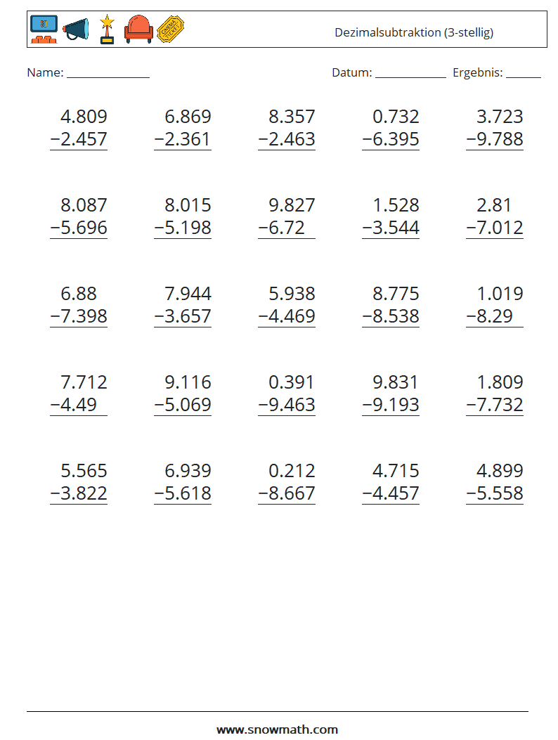 (25) Dezimalsubtraktion (3-stellig) Mathe-Arbeitsblätter 13