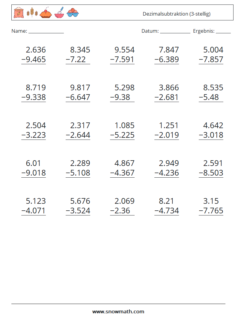 (25) Dezimalsubtraktion (3-stellig) Mathe-Arbeitsblätter 14