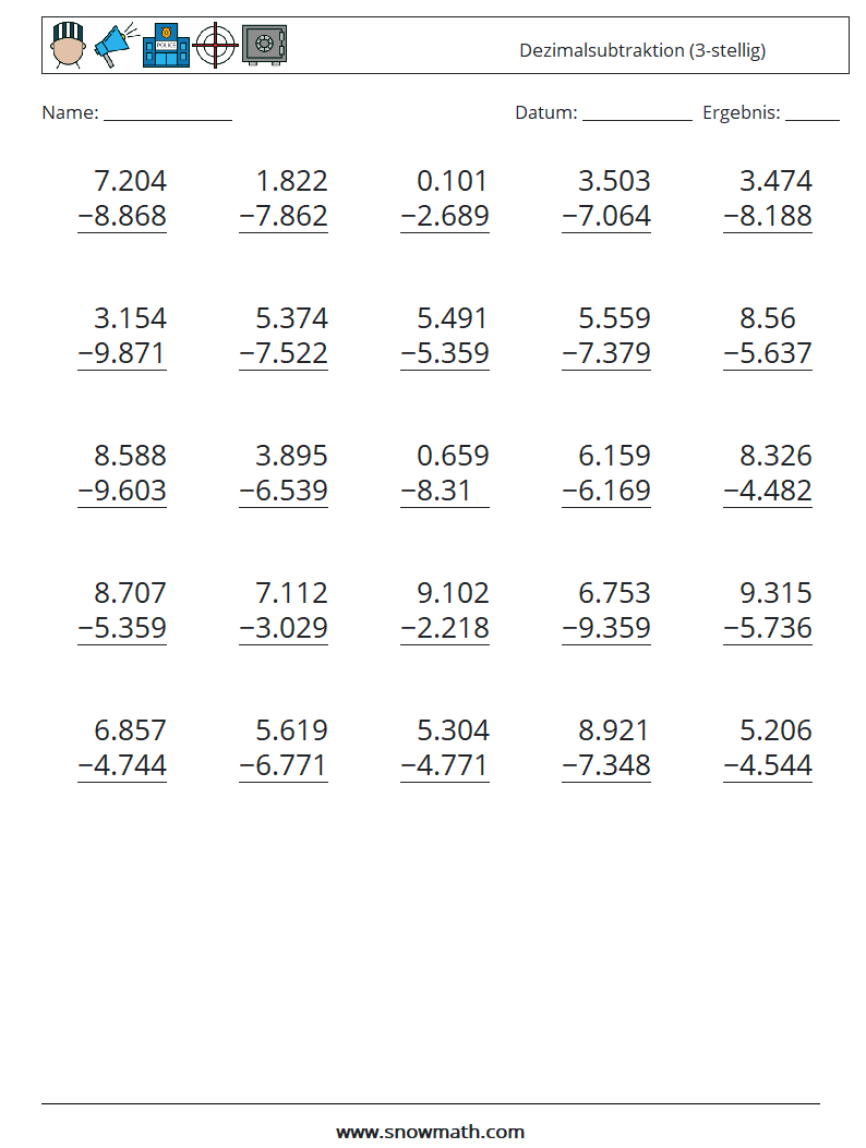 (25) Dezimalsubtraktion (3-stellig) Mathe-Arbeitsblätter 15