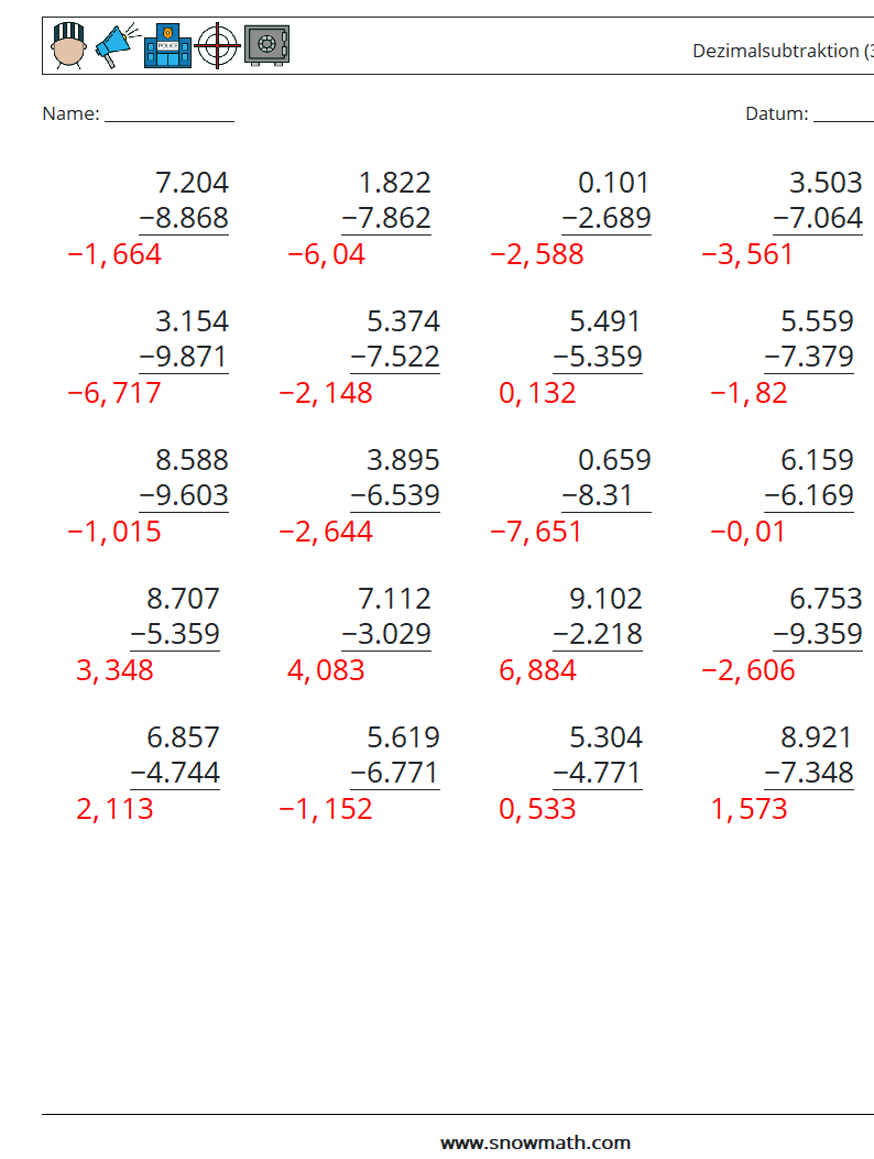 (25) Dezimalsubtraktion (3-stellig) Mathe-Arbeitsblätter 15 Frage, Antwort