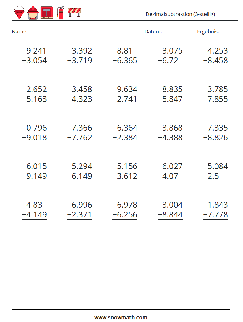 (25) Dezimalsubtraktion (3-stellig) Mathe-Arbeitsblätter 16