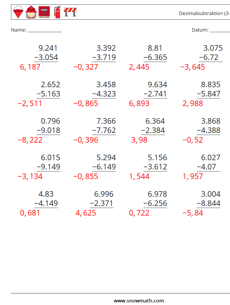 (25) Dezimalsubtraktion (3-stellig) Mathe-Arbeitsblätter 16 Frage, Antwort