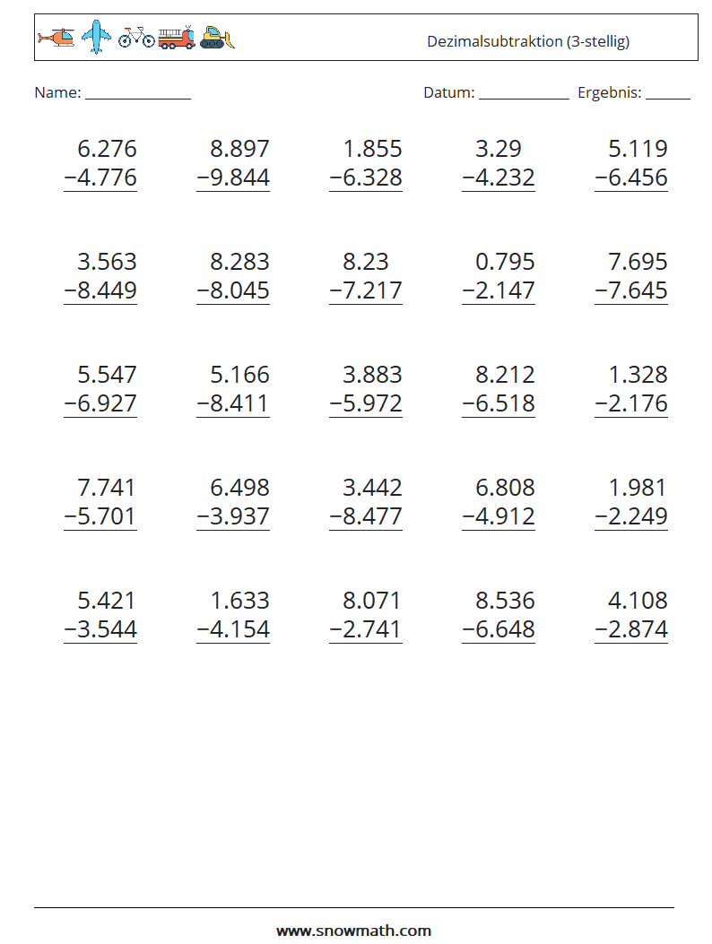 (25) Dezimalsubtraktion (3-stellig) Mathe-Arbeitsblätter 17