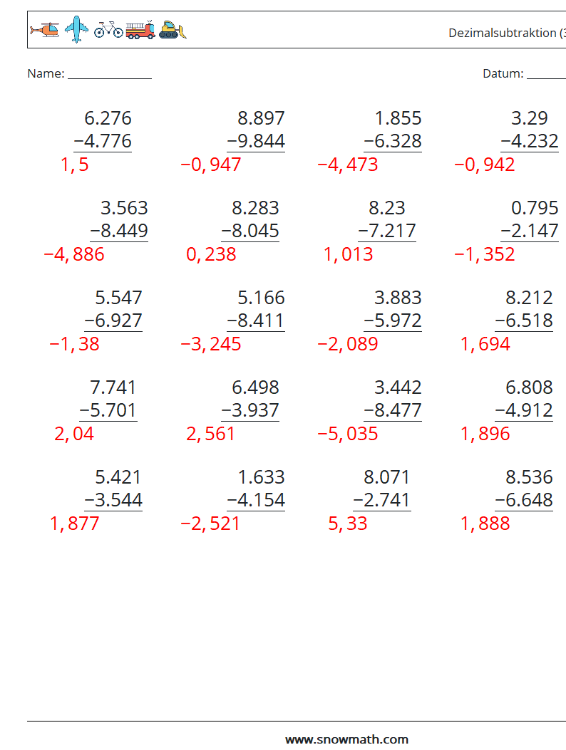 (25) Dezimalsubtraktion (3-stellig) Mathe-Arbeitsblätter 17 Frage, Antwort