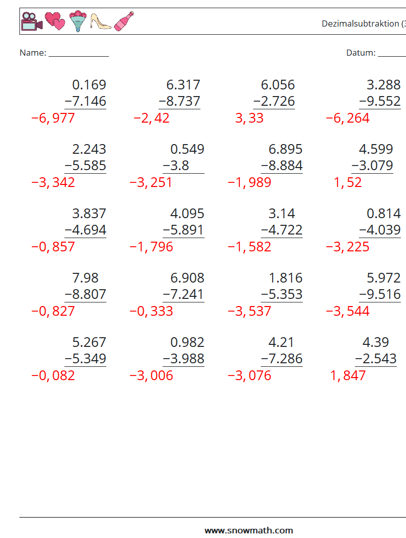 (25) Dezimalsubtraktion (3-stellig) Mathe-Arbeitsblätter 18 Frage, Antwort