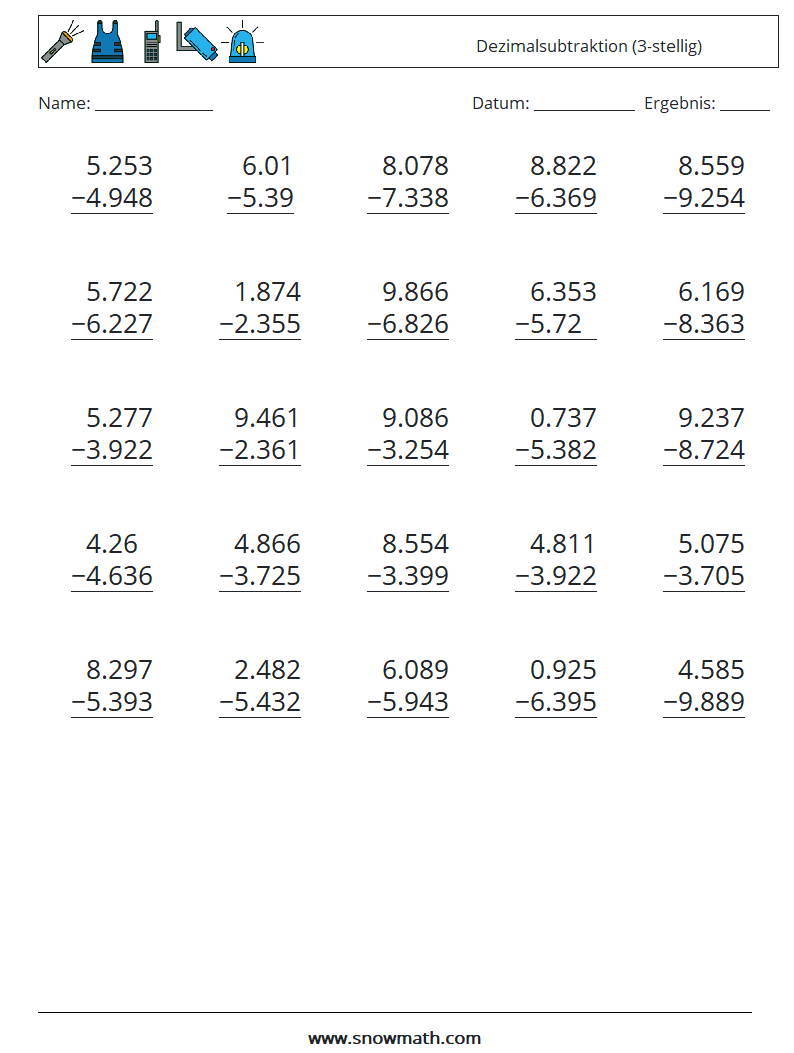 (25) Dezimalsubtraktion (3-stellig) Mathe-Arbeitsblätter 2