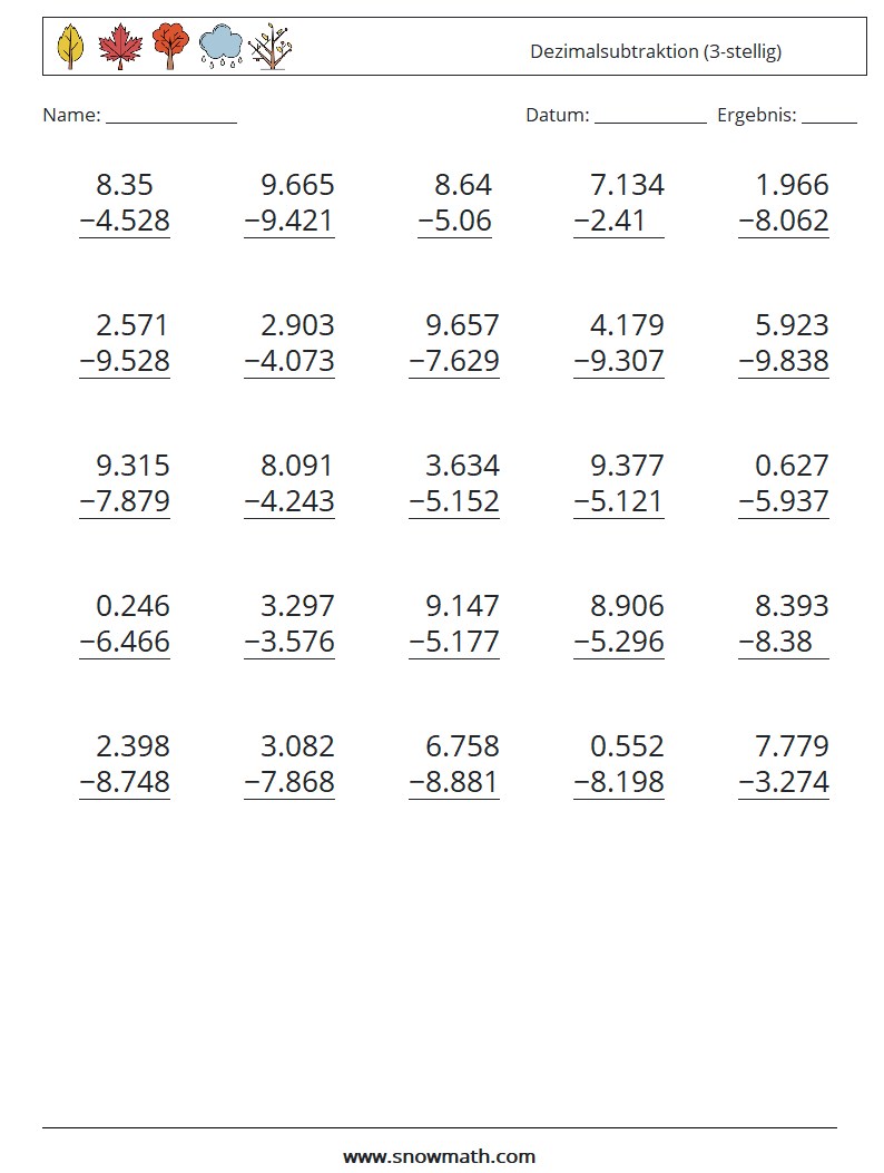 (25) Dezimalsubtraktion (3-stellig) Mathe-Arbeitsblätter 3
