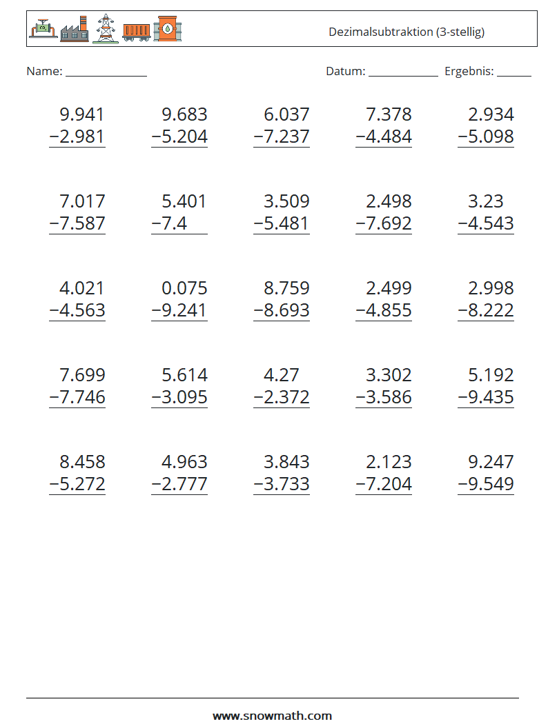 (25) Dezimalsubtraktion (3-stellig) Mathe-Arbeitsblätter 4