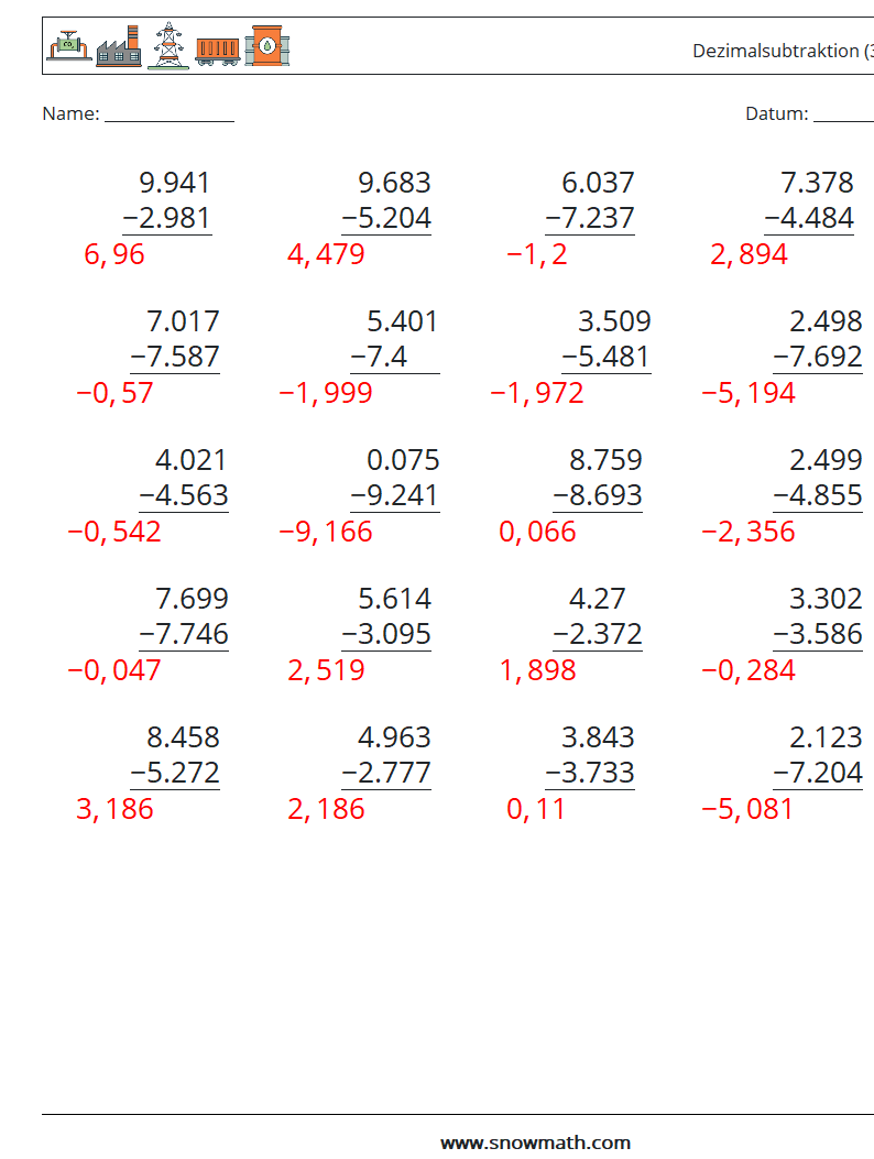 (25) Dezimalsubtraktion (3-stellig) Mathe-Arbeitsblätter 4 Frage, Antwort