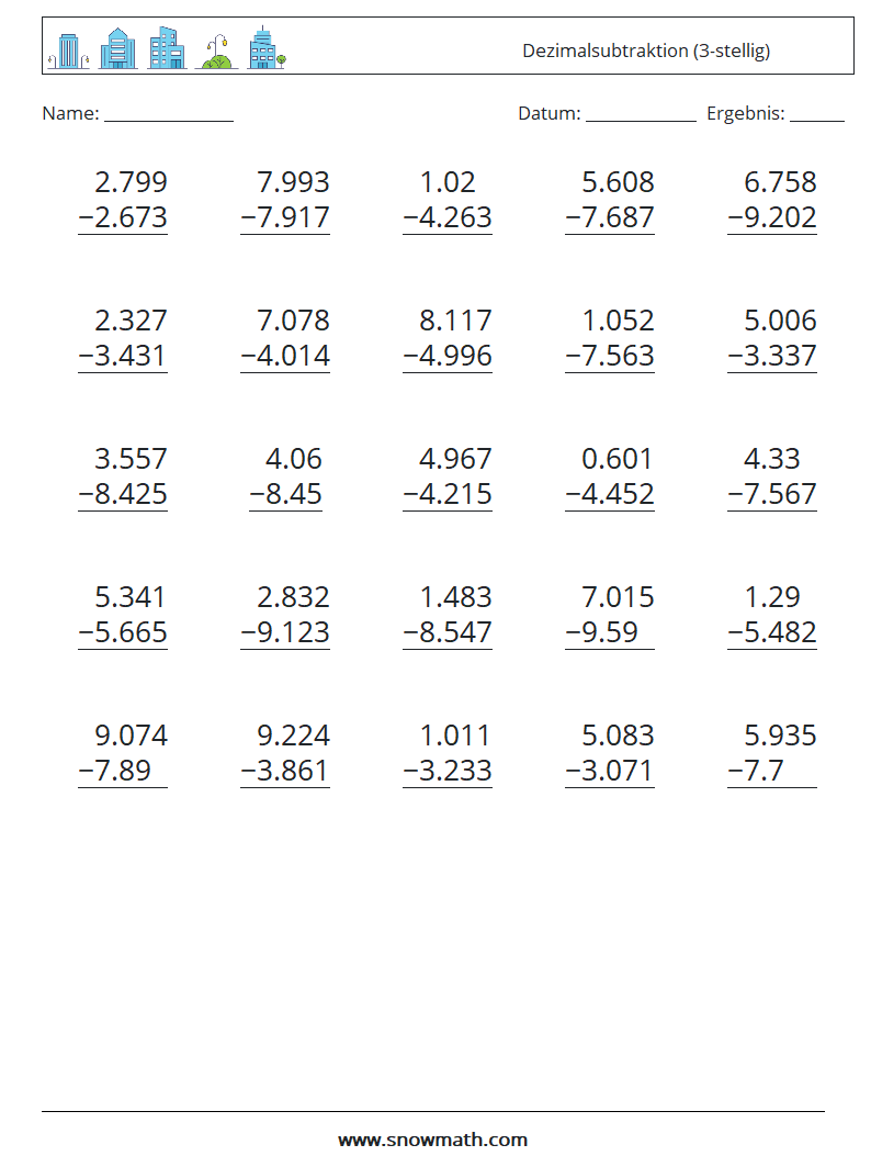 (25) Dezimalsubtraktion (3-stellig) Mathe-Arbeitsblätter 5