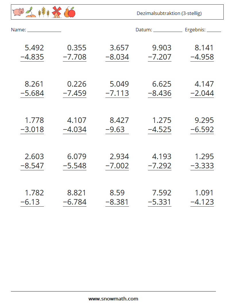 (25) Dezimalsubtraktion (3-stellig) Mathe-Arbeitsblätter 6