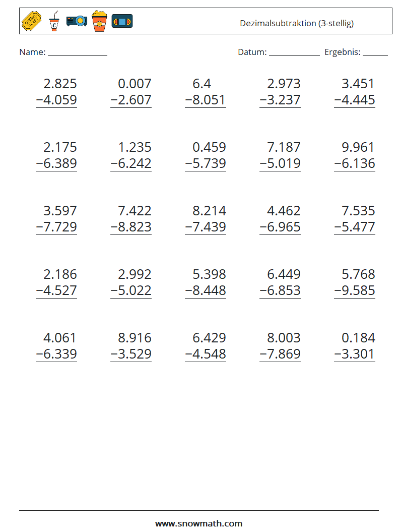 (25) Dezimalsubtraktion (3-stellig) Mathe-Arbeitsblätter 7