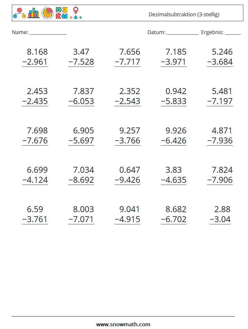 (25) Dezimalsubtraktion (3-stellig) Mathe-Arbeitsblätter 8