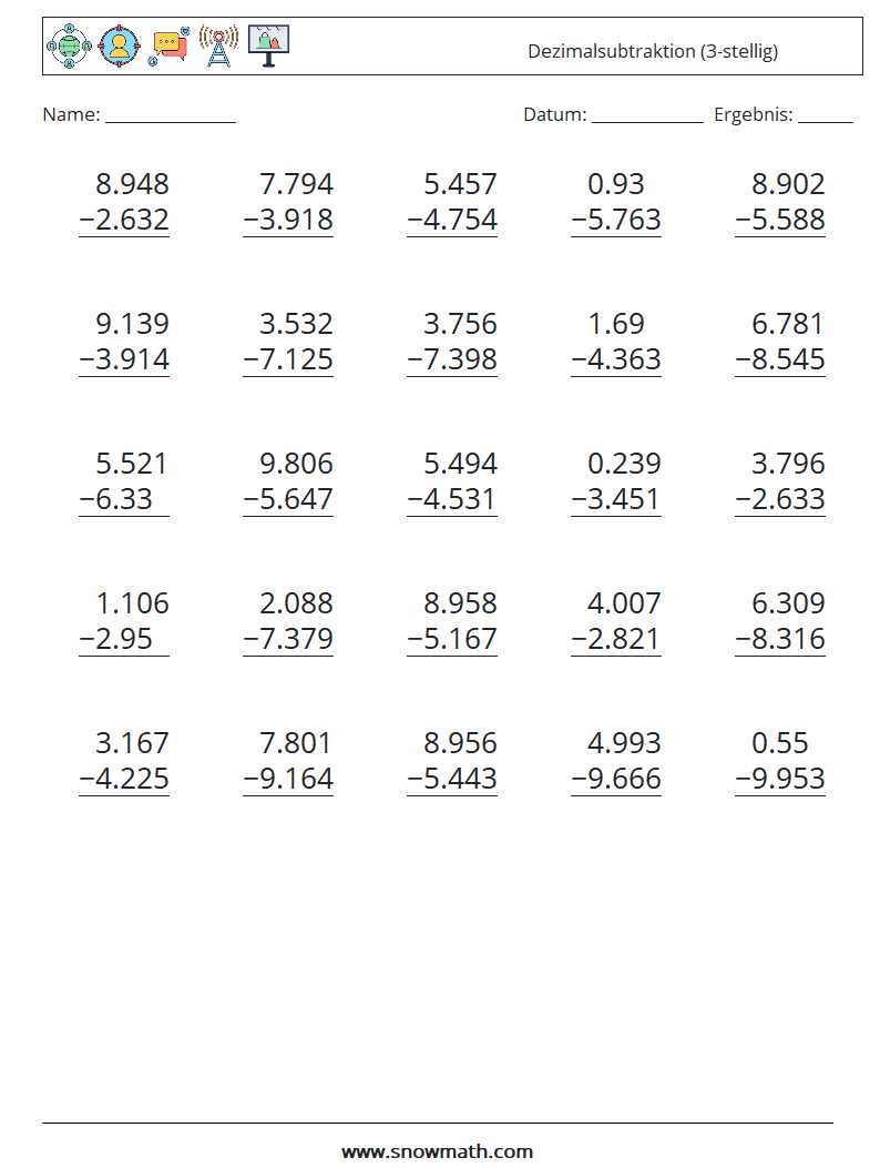 (25) Dezimalsubtraktion (3-stellig) Mathe-Arbeitsblätter 9