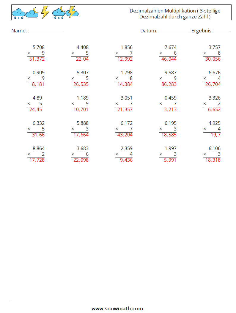 (25) Dezimalzahlen Multiplikation ( 3-stellige Dezimalzahl durch ganze Zahl ) Mathe-Arbeitsblätter 10 Frage, Antwort