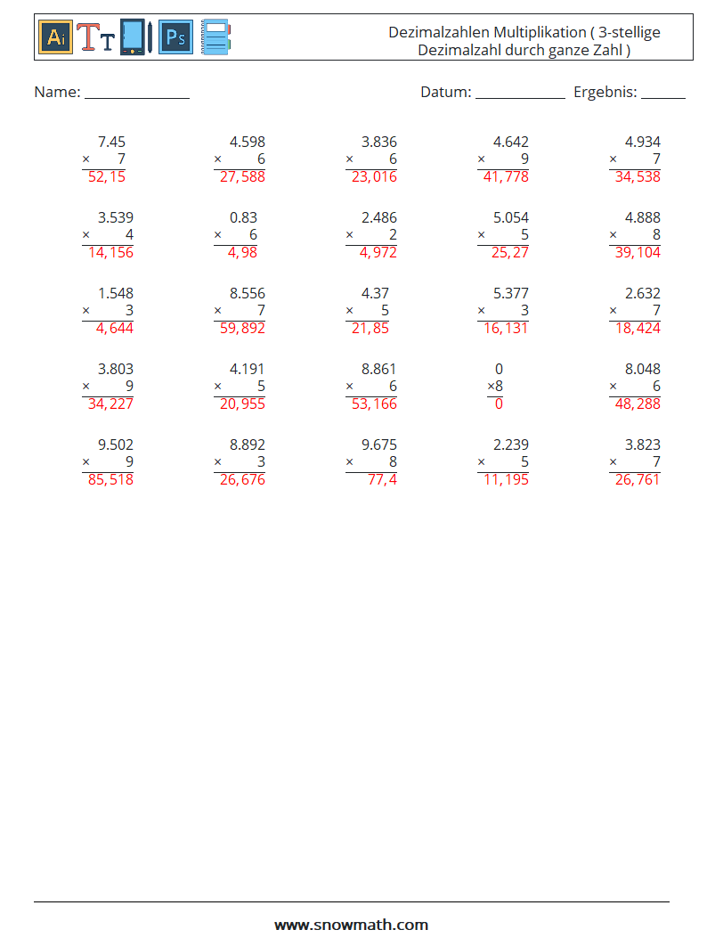 (25) Dezimalzahlen Multiplikation ( 3-stellige Dezimalzahl durch ganze Zahl ) Mathe-Arbeitsblätter 12 Frage, Antwort