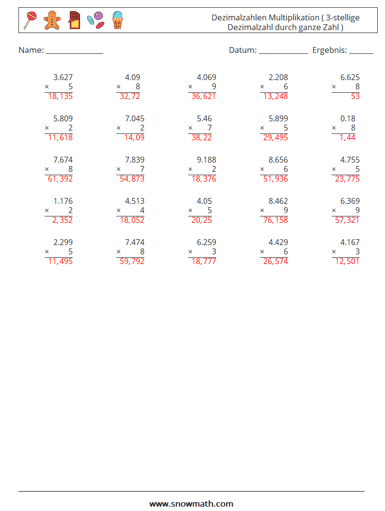 (25) Dezimalzahlen Multiplikation ( 3-stellige Dezimalzahl durch ganze Zahl ) Mathe-Arbeitsblätter 14 Frage, Antwort