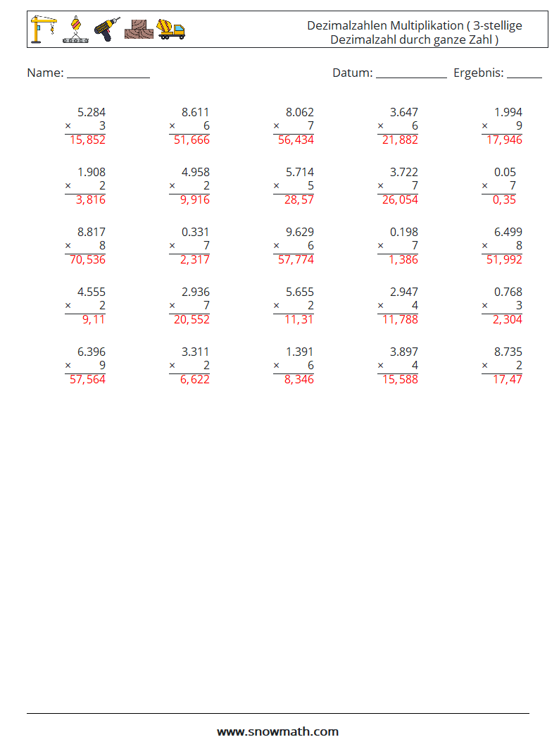 (25) Dezimalzahlen Multiplikation ( 3-stellige Dezimalzahl durch ganze Zahl ) Mathe-Arbeitsblätter 16 Frage, Antwort