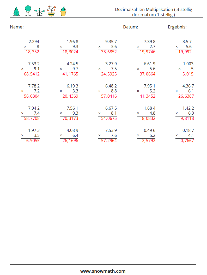 (25) Dezimalzahlen Multiplikation ( 3-stellig dezimal um 1-stellig ) Mathe-Arbeitsblätter 10 Frage, Antwort