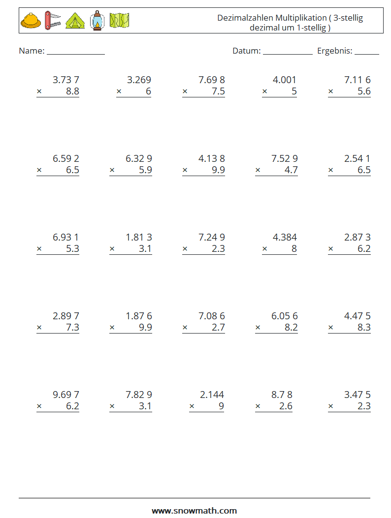(25) Dezimalzahlen Multiplikation ( 3-stellig dezimal um 1-stellig ) Mathe-Arbeitsblätter 11