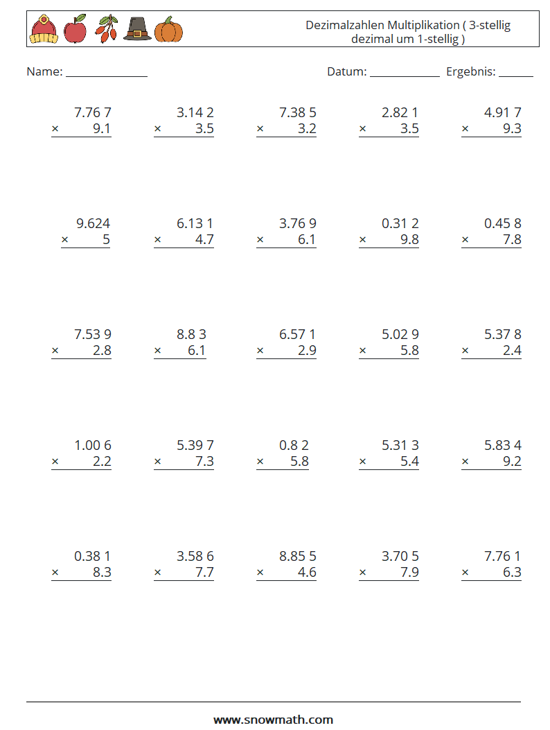 (25) Dezimalzahlen Multiplikation ( 3-stellig dezimal um 1-stellig ) Mathe-Arbeitsblätter 12