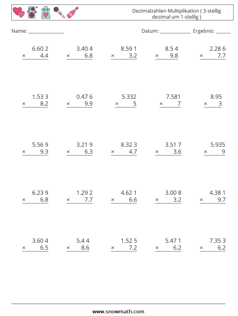 (25) Dezimalzahlen Multiplikation ( 3-stellig dezimal um 1-stellig ) Mathe-Arbeitsblätter 16