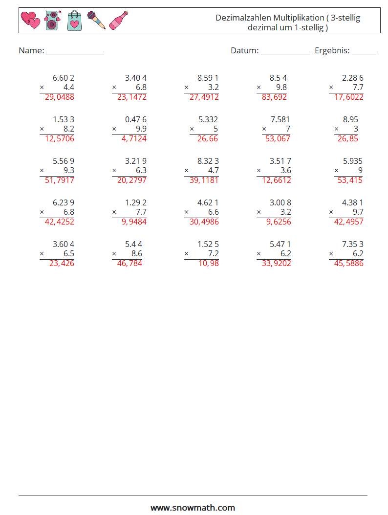 (25) Dezimalzahlen Multiplikation ( 3-stellig dezimal um 1-stellig ) Mathe-Arbeitsblätter 16 Frage, Antwort