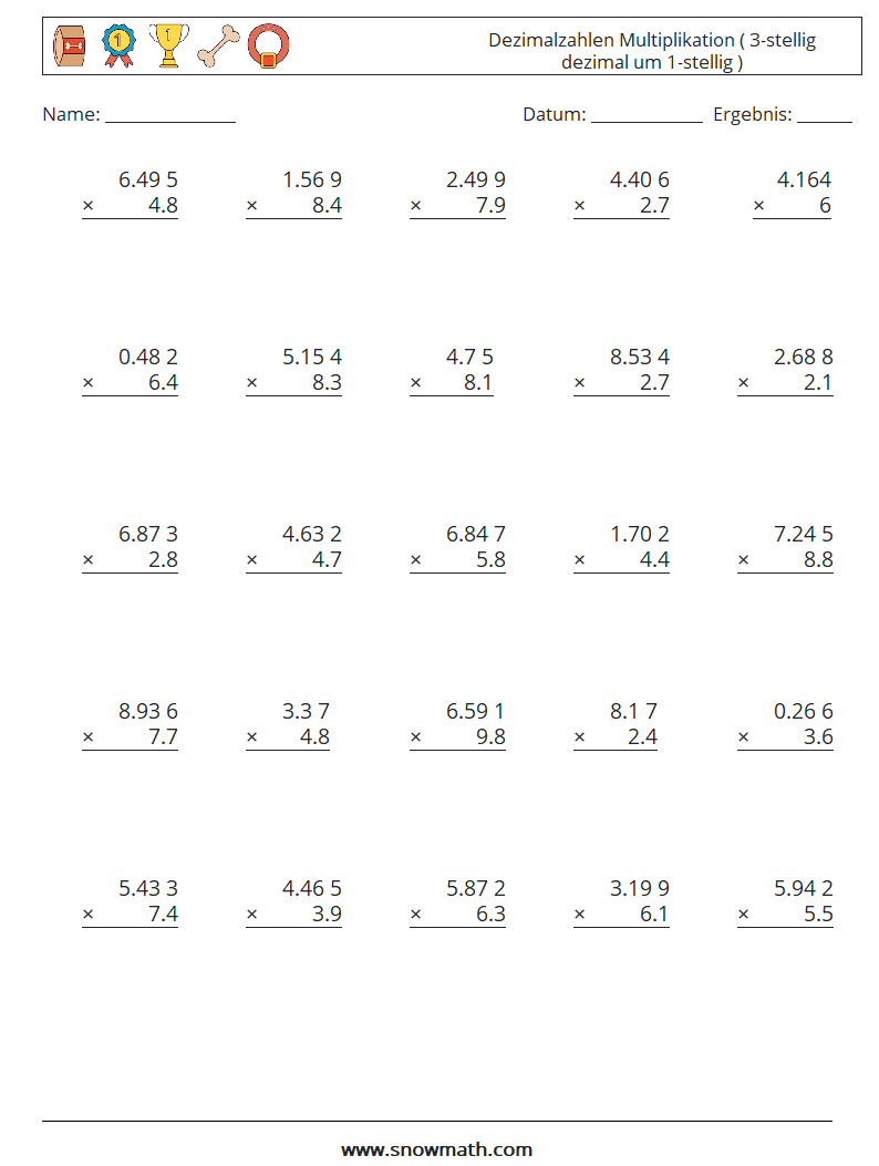 (25) Dezimalzahlen Multiplikation ( 3-stellig dezimal um 1-stellig ) Mathe-Arbeitsblätter 18