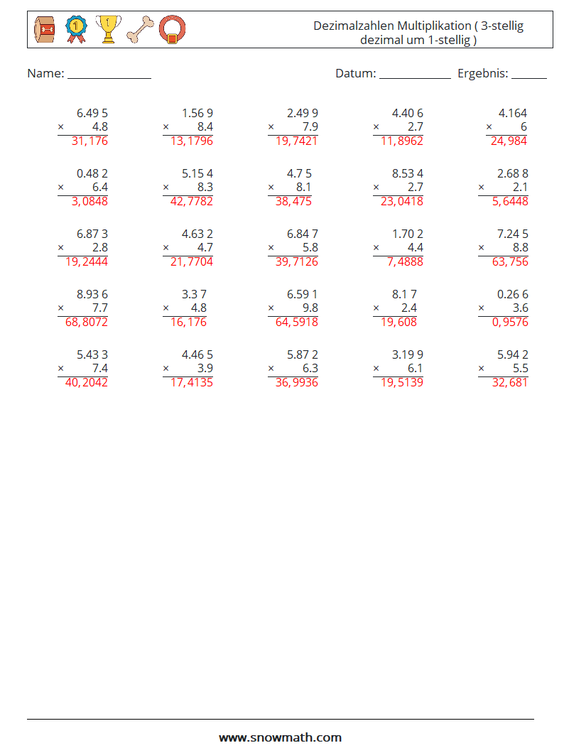 (25) Dezimalzahlen Multiplikation ( 3-stellig dezimal um 1-stellig ) Mathe-Arbeitsblätter 18 Frage, Antwort