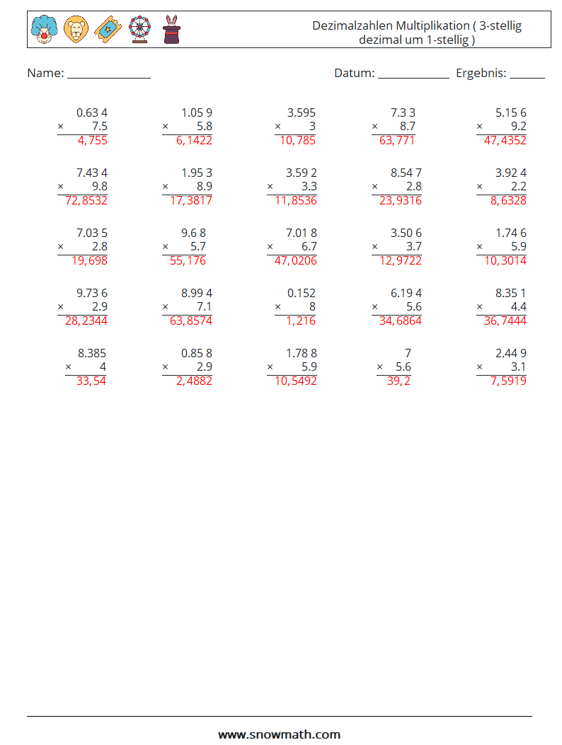 (25) Dezimalzahlen Multiplikation ( 3-stellig dezimal um 1-stellig ) Mathe-Arbeitsblätter 2 Frage, Antwort