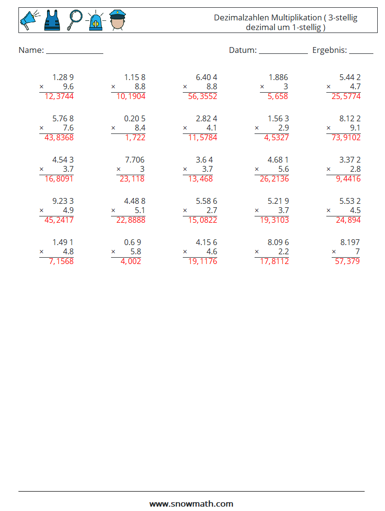 (25) Dezimalzahlen Multiplikation ( 3-stellig dezimal um 1-stellig ) Mathe-Arbeitsblätter 3 Frage, Antwort