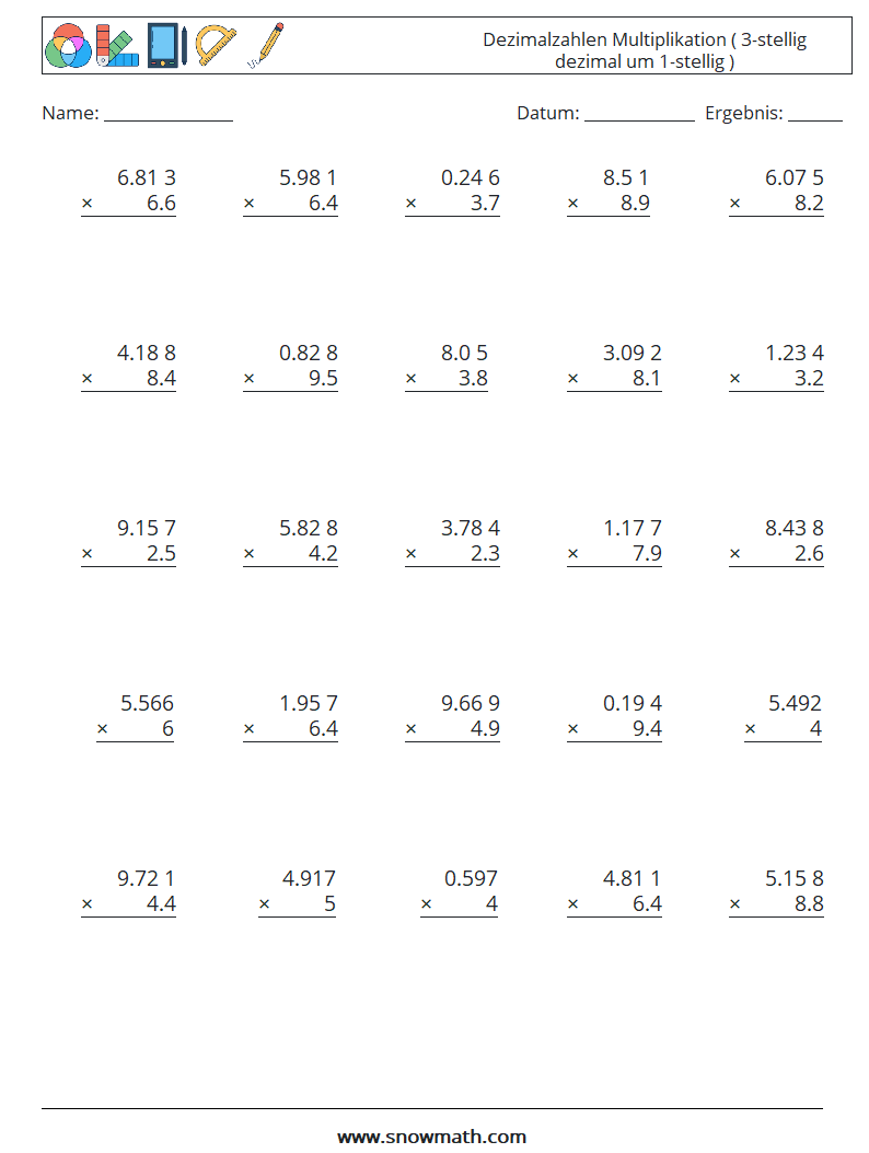 (25) Dezimalzahlen Multiplikation ( 3-stellig dezimal um 1-stellig ) Mathe-Arbeitsblätter 4