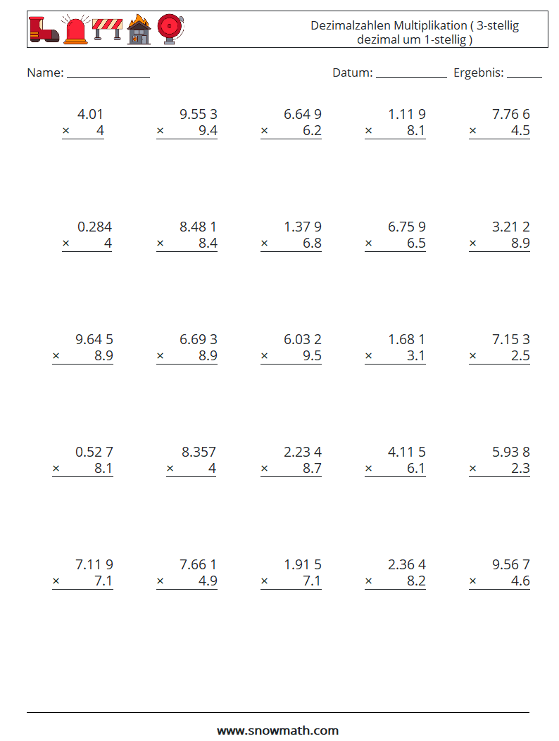 (25) Dezimalzahlen Multiplikation ( 3-stellig dezimal um 1-stellig ) Mathe-Arbeitsblätter 5