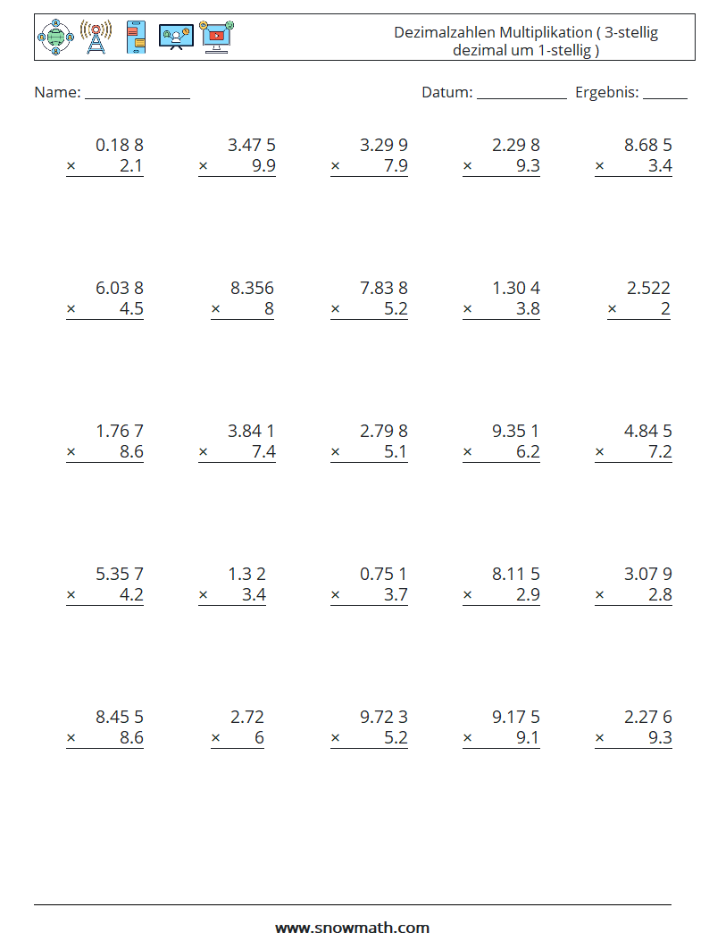 (25) Dezimalzahlen Multiplikation ( 3-stellig dezimal um 1-stellig ) Mathe-Arbeitsblätter 7